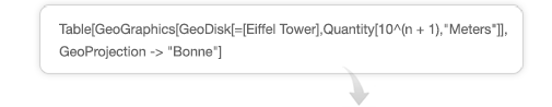 Table[GeoGraphics[GeoDisk[=[Eiffel Tower],Quantity[10^(n+1),&quot;Meters&quot;]],GeoProjection->&quot;Bonne&quot;],{n,6}]