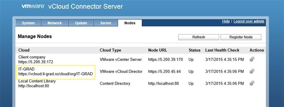 Пример регистрации vCloud Connector Node в консоли vCloud Connector Server