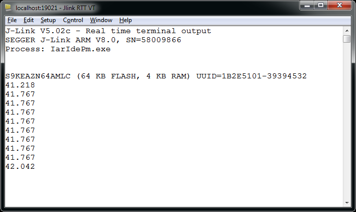 Arm programming. Segger RTT Terminal 1 output.