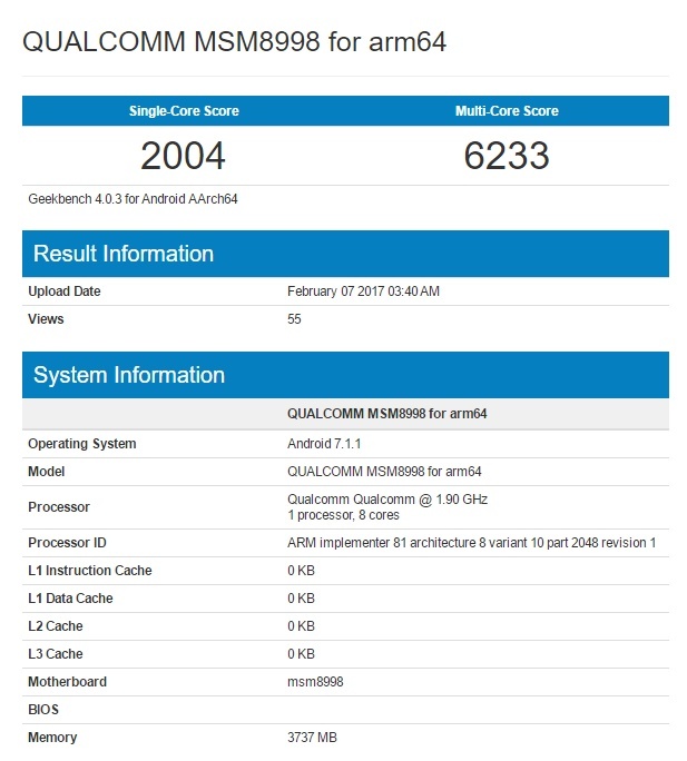 Новый смартфон с SoC Snapdragon 835 протестирован в GeekBench