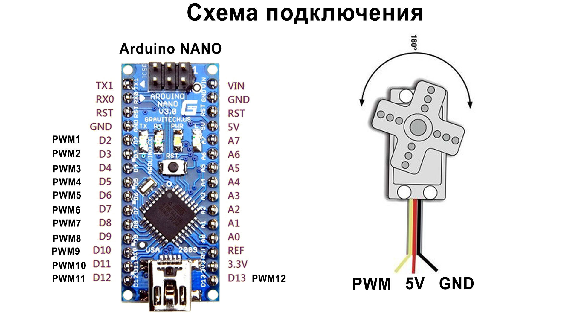 Схема подключения сервопривода к ардуино нано