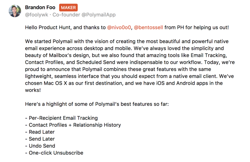 Product hunt stats. Polymail.