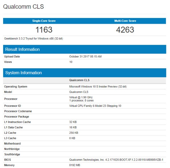 Первый ноутбук с Windows 10 и Snapdragon 835 протестирован в Geekbench