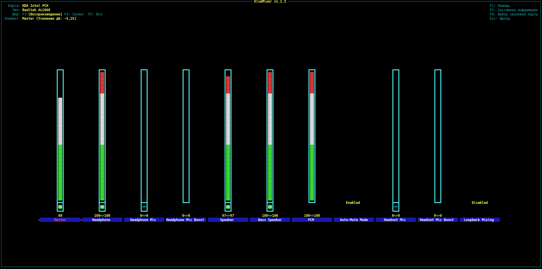 HDA-Intel-HDA Intel PCH. Alsamixer. Realtek alc668.