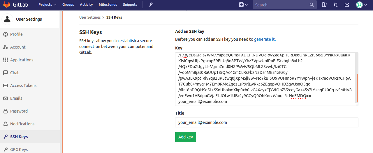 Добавление ключа в GitLab
