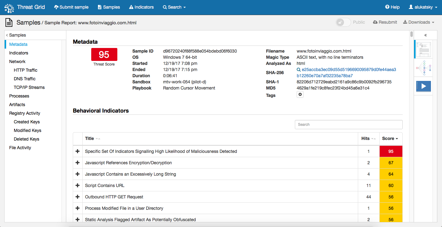 Cisco AMP Threat Grid анализирует файл