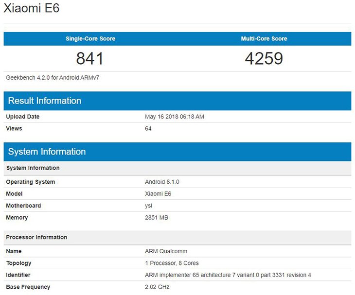 Xiaomi E6 замечен в бенчмарке Geekbench