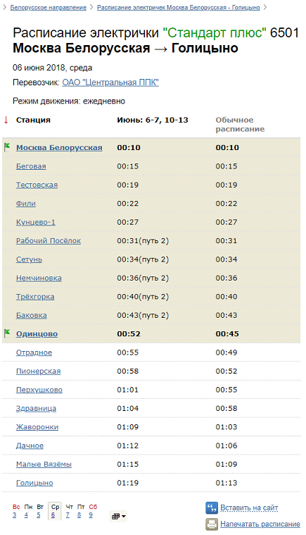 Расписание электричек голицыно белорусский