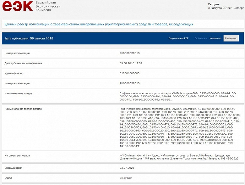 Карты Nvidia GeForce и Quadro следующего поколения зарегистрированы в ЕЭК
