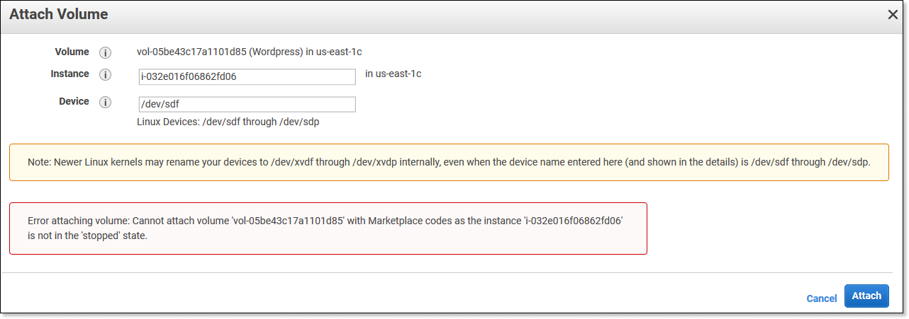 Ошибка при подключении диска с AWS Marketplace кодами