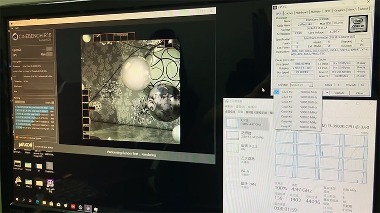 Core i9-9900K протестирован в Cinebench R15 на частоте 5 ГГц