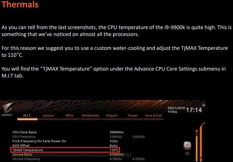 Gigabyte: даже с небольшим разгоном Core i9-9900K сильно греется