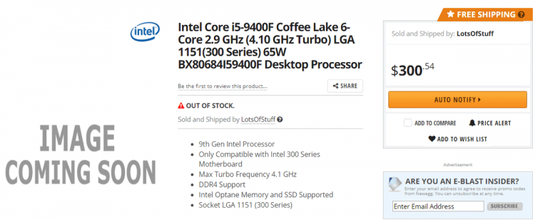 Ретейлеры раскрыли характеристики процессора Core i5-9400F без встроенной графики