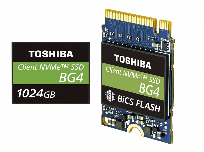 1 ТБ флэш-памяти и контроллер накопителя Toshiba BG4 с интерфейсом PCIe Gen3 x4 интегрированы в одной микросхеме