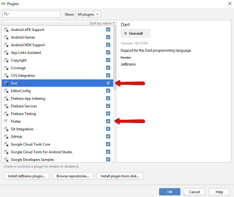 Установленные плагины Dart и Flutter в Android Studio