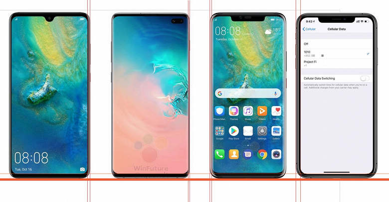 Инсайдер сравнил Samsung Galaxy S10+, Huawei Mate 20 Pro и iPhone XS Max по ширине рамок экранов