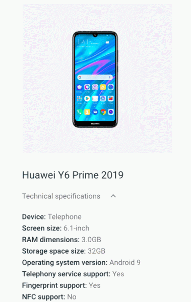 Бюджетный смартфон Huawei Y6 Prime 2019 получил экран диагональю 6,1 дюйма с каплевидным вырезом и сканер отпечатков пальцев