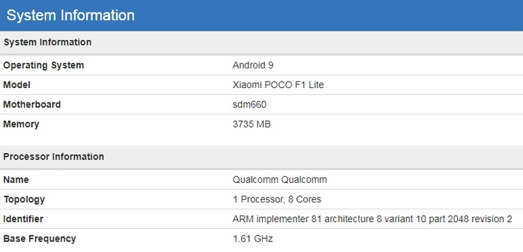 Смартфон Xiaomi Pocophone F1 Lite показался в бенчмарке