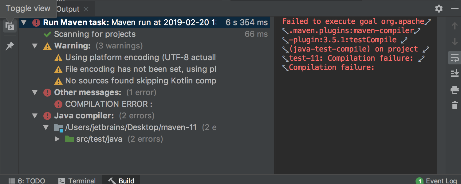 Maven compiler plugin. Delegate ide build/Run Actions to Maven. Jetbrains build log language. Maven Tests idea output. Failed Compilation java.