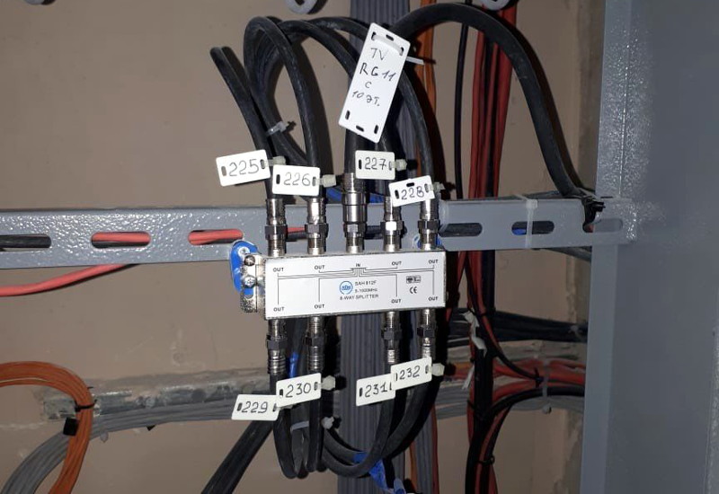Кабельное телевидение. Телевизионный кабель в щитке. Монтаж телевизионного провода. Распределительное для телевизионных кабелей. Разветвитель кабельного ТВ В щитке.
