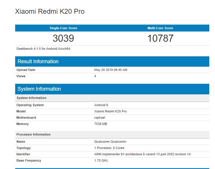 Redmi K20 Pro, наконец, показал свои возможности в бенчмарке Geekbench