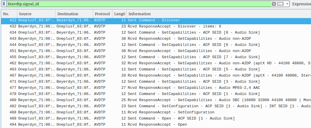 Wireshark с загруженным дампом и фильтром для отображения A2DP-команды GetCapabilities