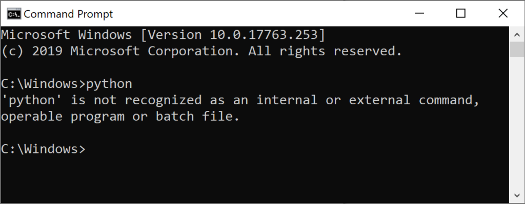 The Windows command prompt showing an error when Python cannot be found