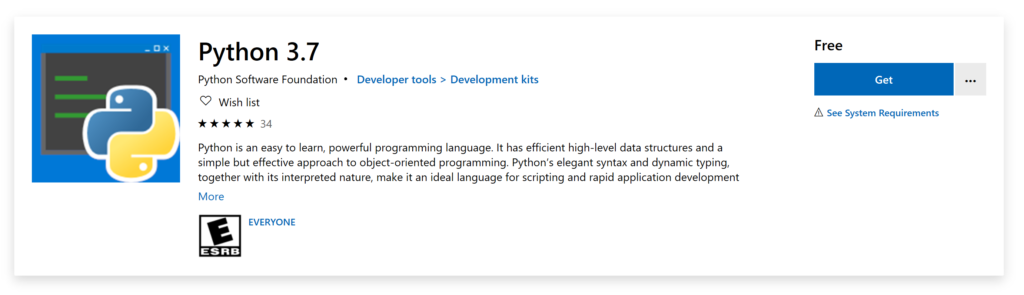 The header of the Python 3.7 page in the Microsoft Store