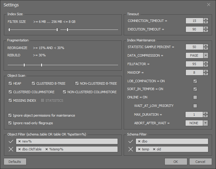 SQL Index Manager Settings