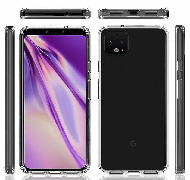 Смартфон Google Pixel 4 XL в прозрачном чехле показан со всех сторон