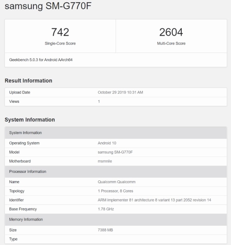 Смартфон Samsung Galaxy S10 Lite с чипом SD855 и 8 Гбайт ОЗУ замечен в базе Geekbench