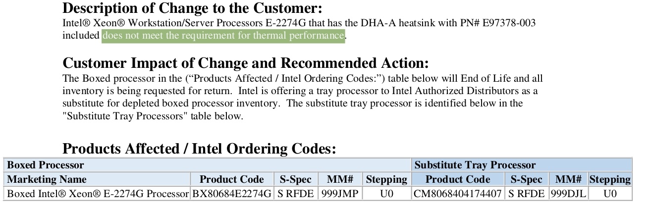 Intel отзывает коробочные версии процессора Xeon E-2274G из-за слабой штатной системы охлаждения - 1