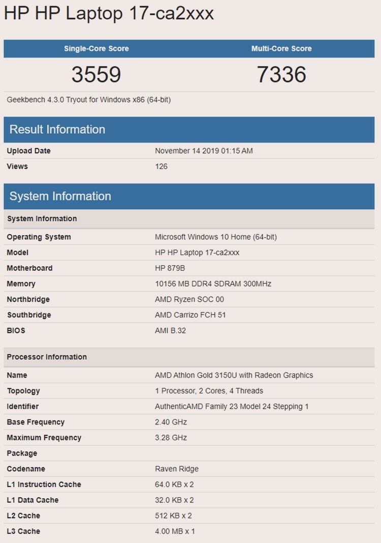 2-ядерный ЦП AMD Athlon Gold 3150U замечен в тесте GeekBench