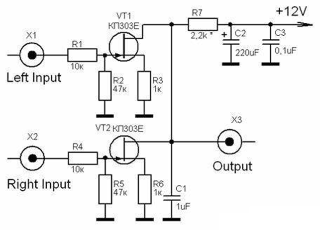 Сумматор стерео. Схема смесителя звуковых сигналов. Усилитель для сабвуфера схема на транзисторах. Сумматор на транзисторах схема. Пассивный сумматор для сабвуфера схема.