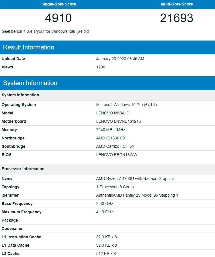 Ryzen 7 4700U блеснул результатами в Geekbench