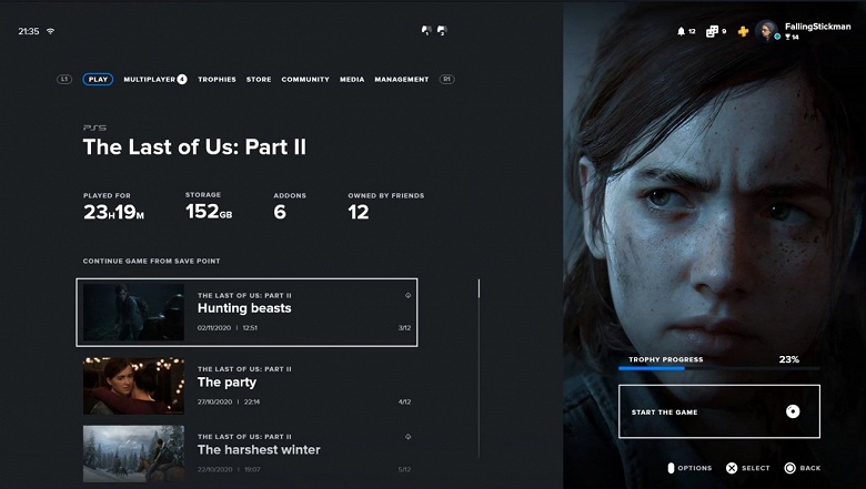 Главное меню PlayStation 5 на примере ожидаемой игры The Last of Us Part II