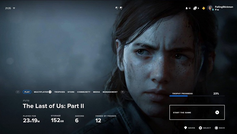 Главное меню PlayStation 5 на примере ожидаемой игры The Last of Us Part II