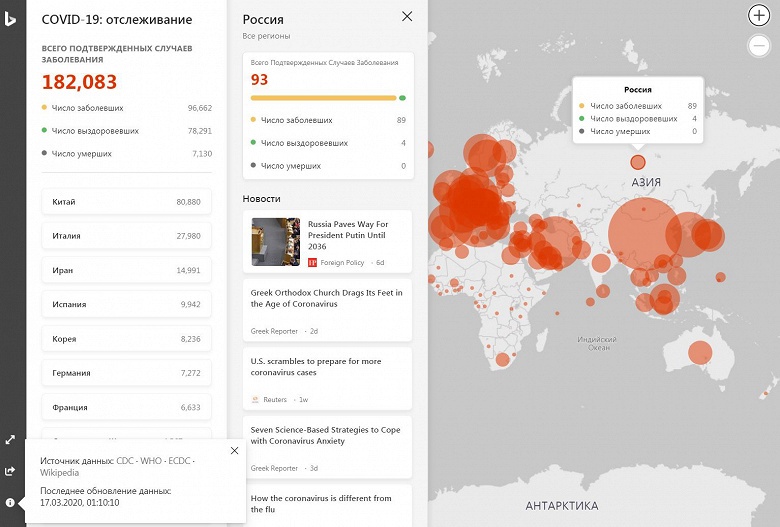 У Microsoft готова интерактивная карта распространения COVID-19