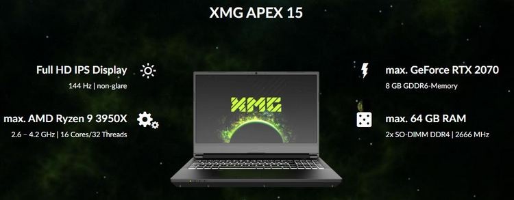 Игровой ноутбук XMG Apex 15 получил версию с десктопным 16-ядерным Ryzen 9 3950X