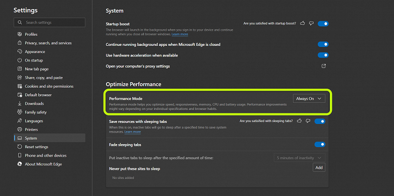 У Google Chrome такого нет. В Microsoft Edge появился производительный режим, улучшающий использование процессора, памяти и батареи