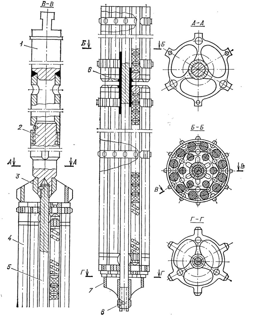 ТВС РБМК-1000: 1 — подвеска; 2 — переходник; 3 — хвостовик; 4 — твэл; 5 — несущий стержень; 6 — втулка; 7 — наконечник; 8 — гайка