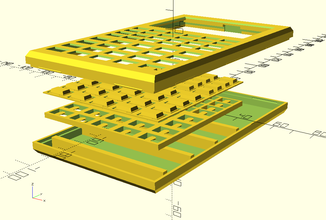 Корпус и клавиатура, нарисованные в OpenSCAD. 