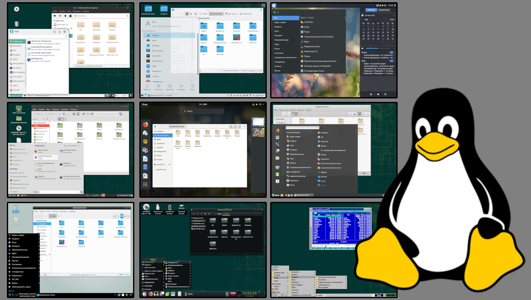Разные среды оформления рабочего стола на одном и том же дистрибутиве (здесь OpenSUSE)