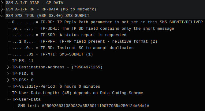 Отправка сообщения с IMEI и IMSI на номер 79584971255