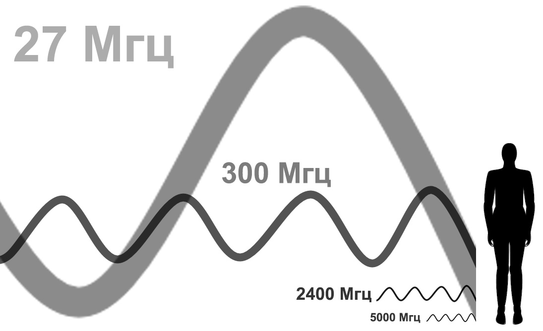 Длины радиоволн различной частоты по сравнению с телом человека. Амплитуды у них могут быть вполне одинаковые, так что не обращайте внимания на разницу в вертикальном масштабе и жирноту линий, это как говорится artist view.
