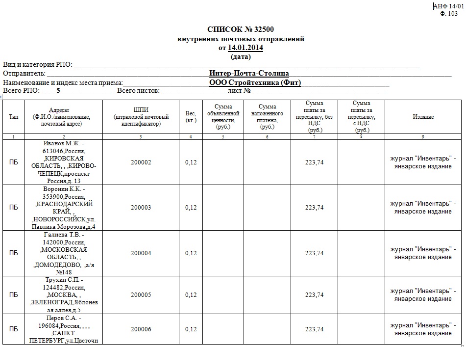 Реестр заказных писем на почту образец ф 103 образец
