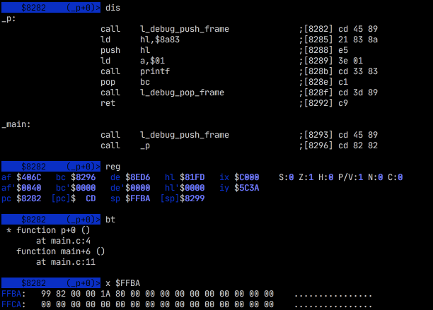 Типичный интерфейс в z88dk-gdb