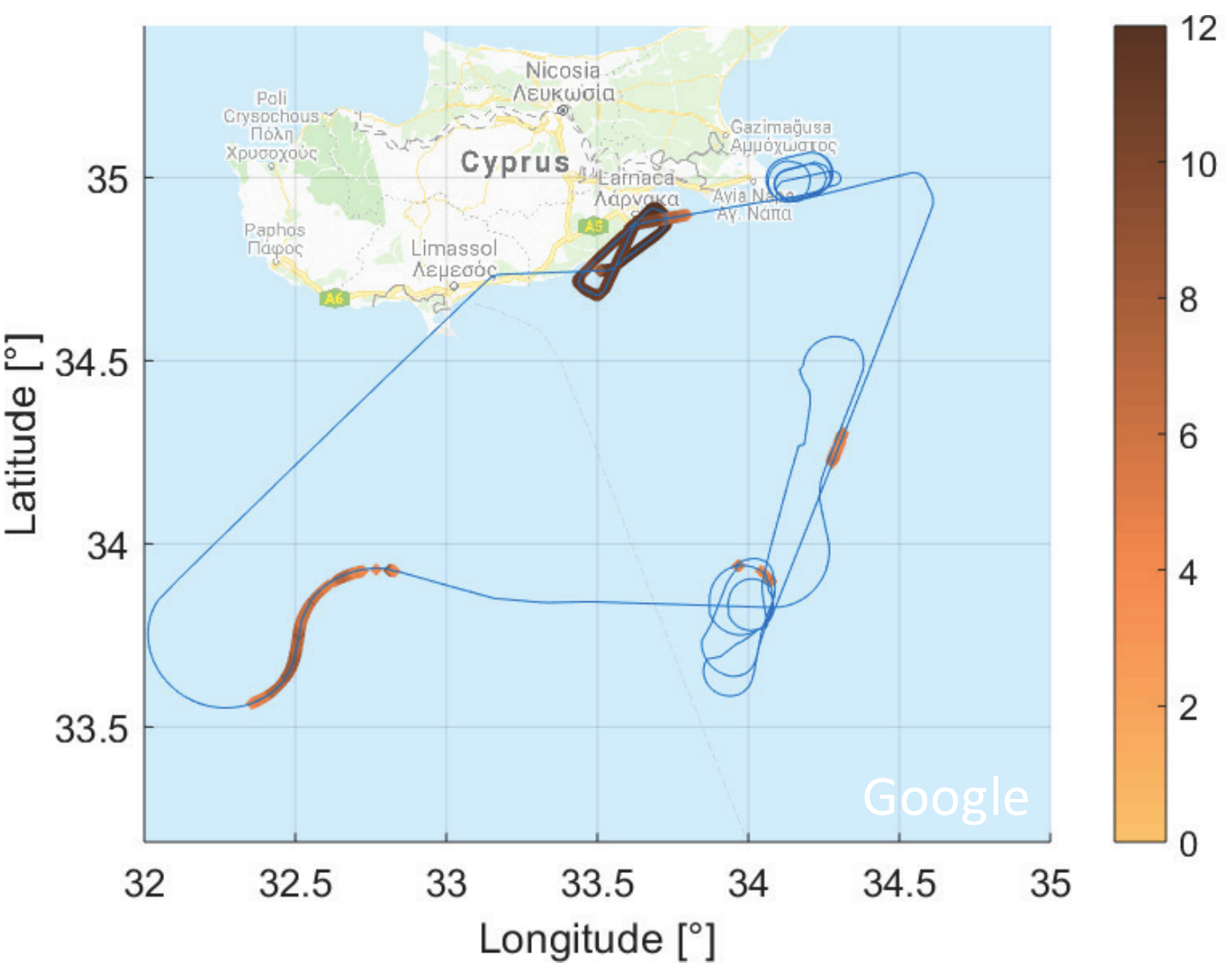 Маршрут полета и количество используемых спутников GPS (цветом)