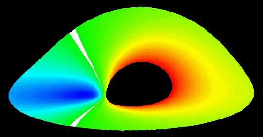 Симуляция эффектов Доплела и Эйнштейна для быстро вращающейся черной дыры; белые лини  разделяют области синего и красного смещения