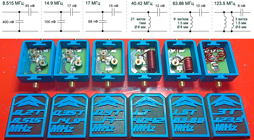 Набор из шести согласующих элементов для одной антенны. Все ёмкости в Пикофарадах.